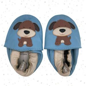 Puppy Shoes Blue Leather Baby Crib Soft Sole Slip On Footware Size 0-6 Months
